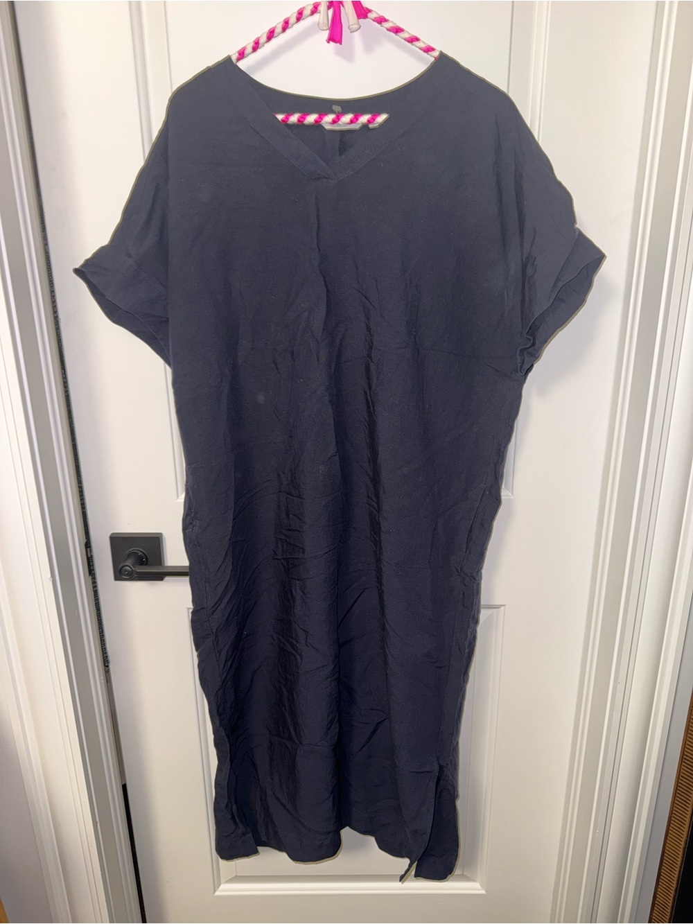 UNIQLO LINEN BLEND KAFTAN Navy V-Neck Midi Dress